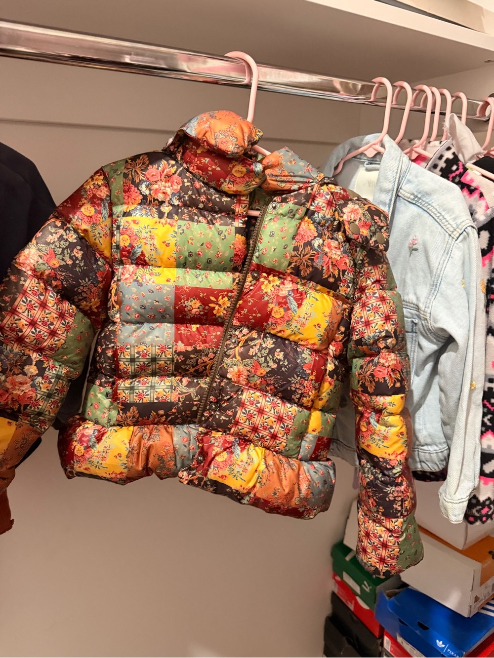 Kids Floral Patchwork Puffer Jacket - Multicolor